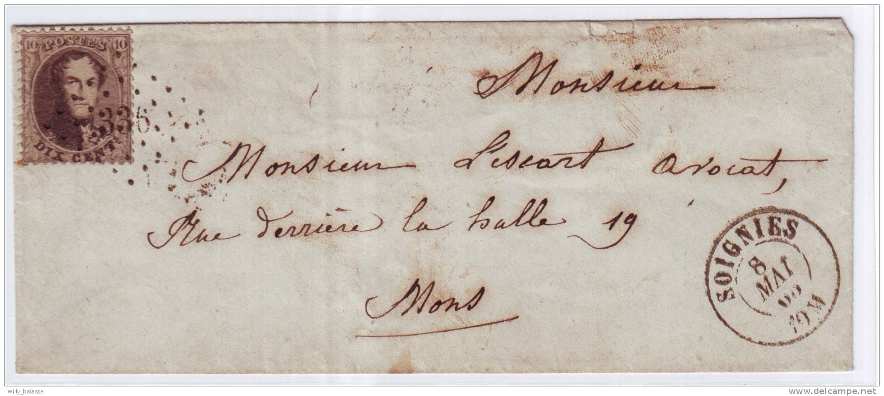 Lettre Affr N°14 Lpts 336  SOIGNIES/ 1865. TTB - 1863-1864 Médaillons (13/16)