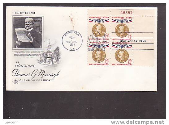 Honoring Thomas G. Masaryk - Block Of 4 With Plate # - 1951-1960