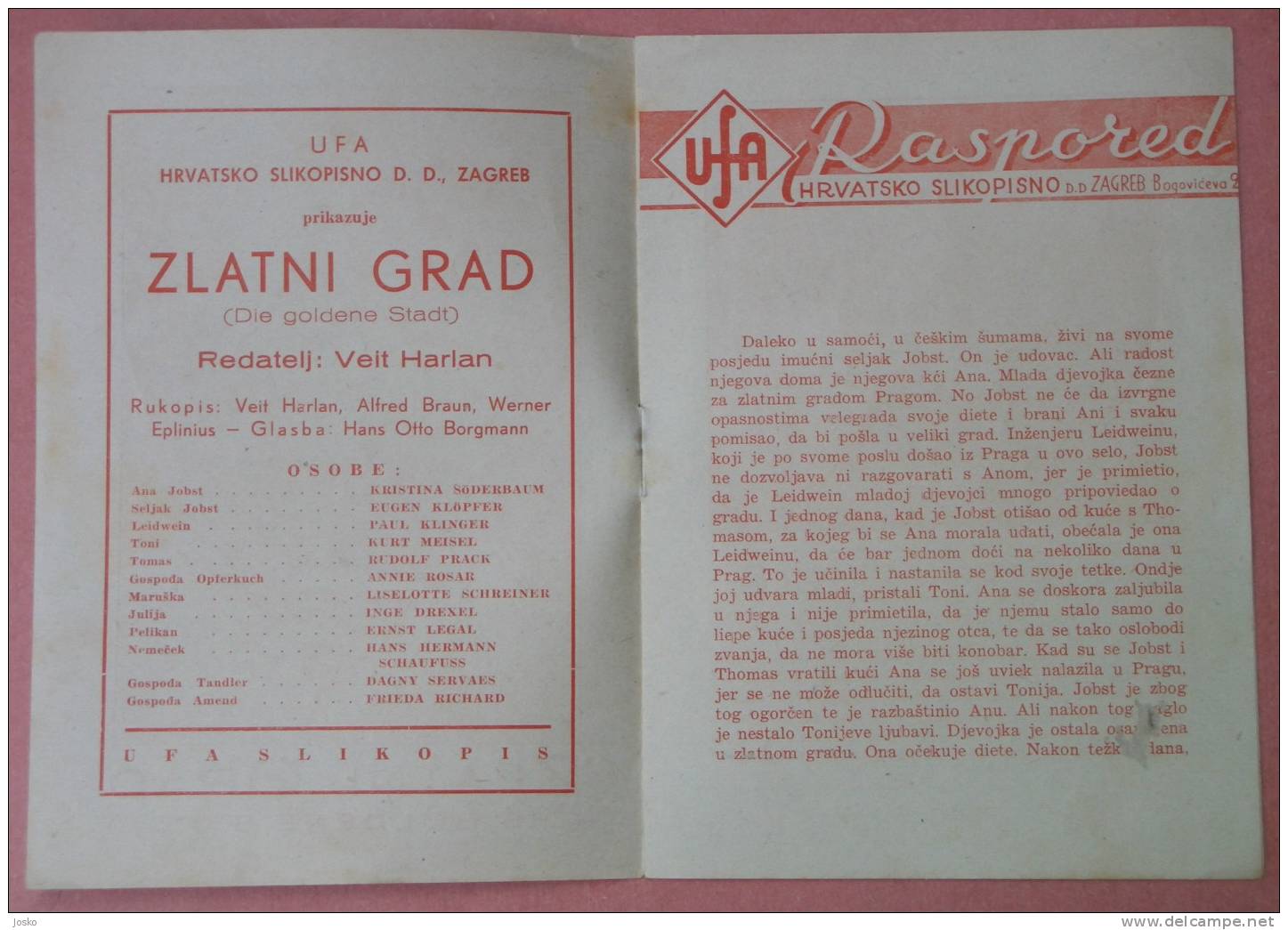 ZLATNI GRAD ( Germany Film * Die Goldene Stadt * )  Croatia NDH Vintage Film Program From WW2 * Veit Harlan K. Soderbaum - Programs