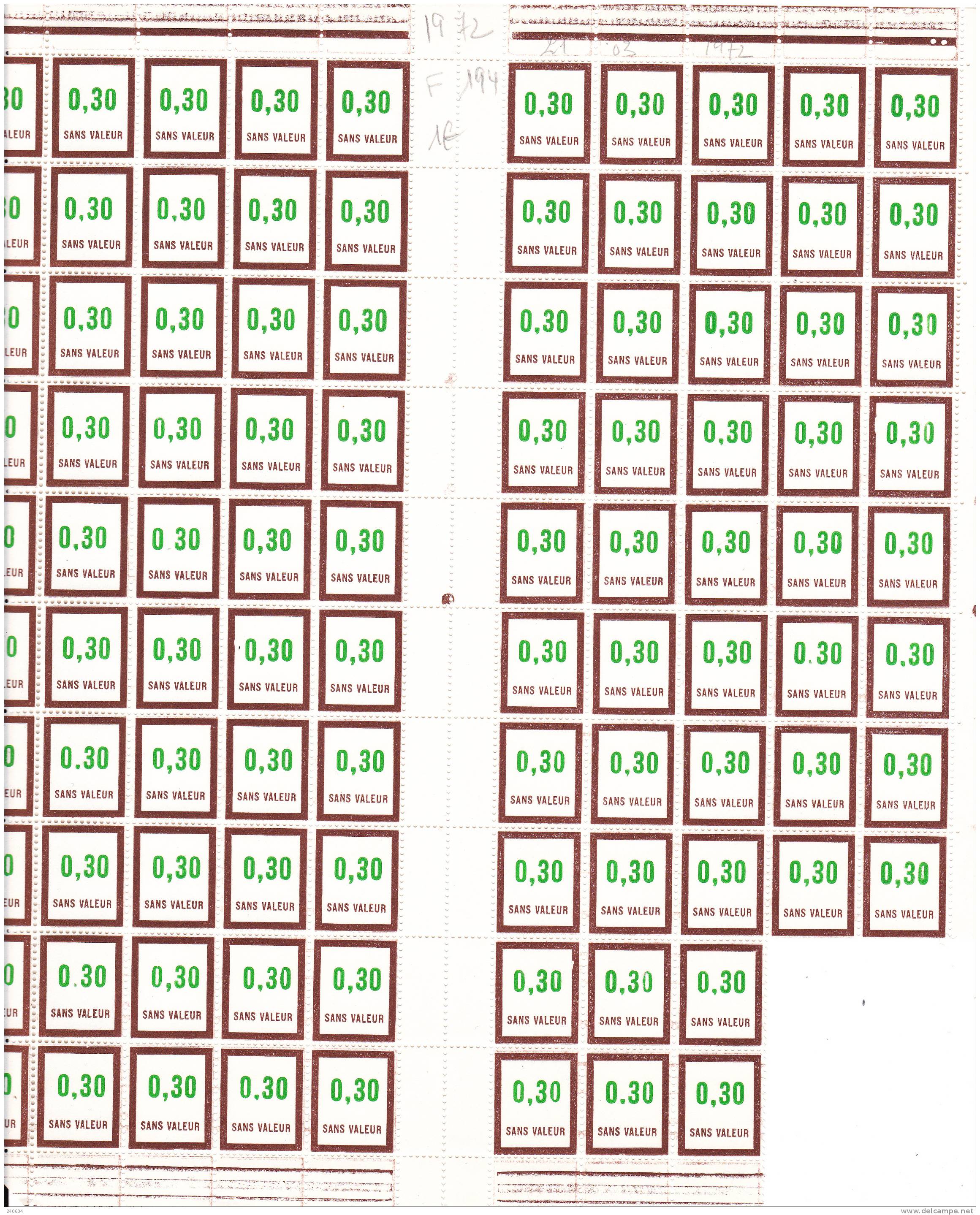 Feuille De Fictif  --   F  194   --   0.30   -- 96 Timbres  En Date Année 1972 - Phantom