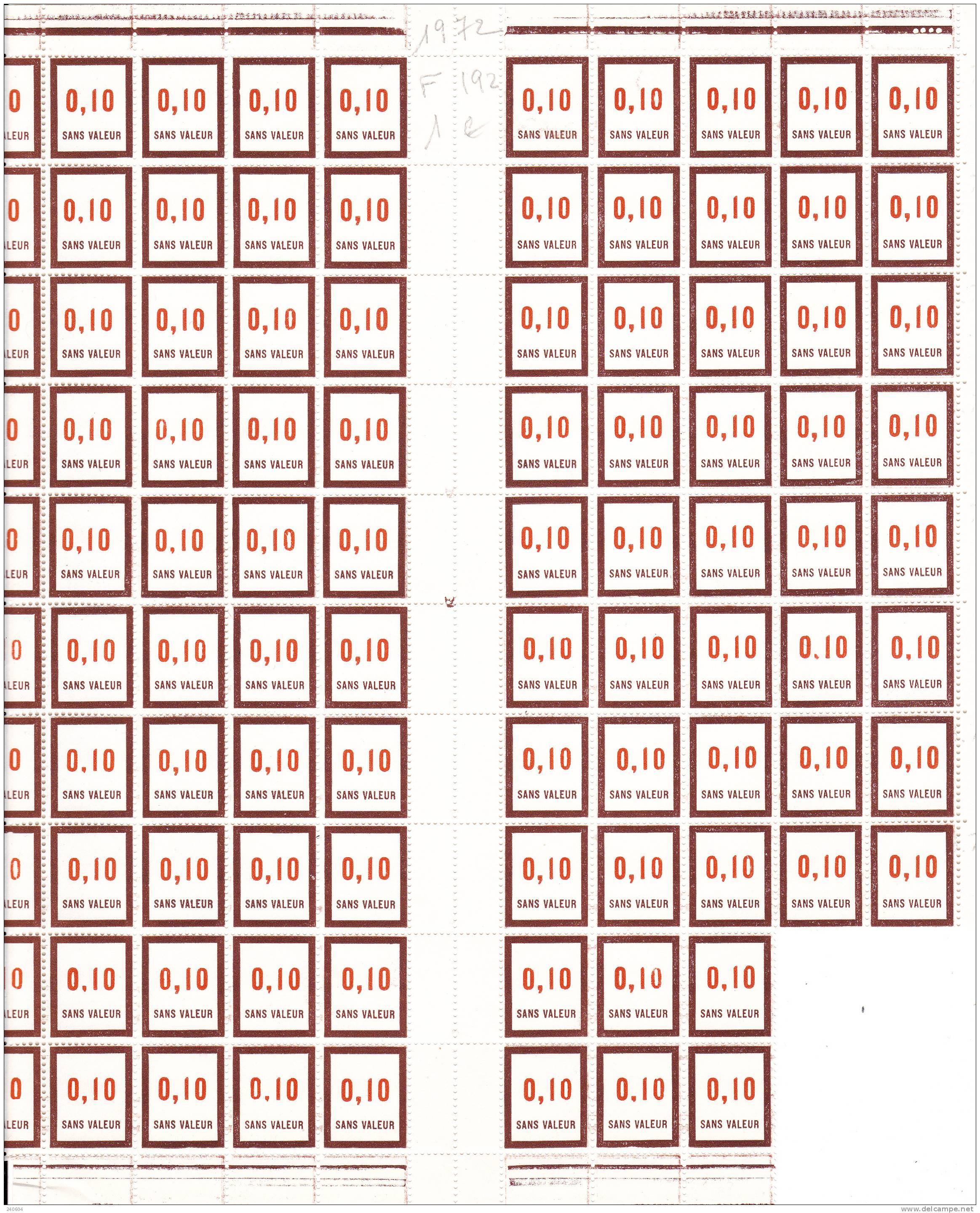 Feuille De Fictif  --   F 192   --   0.10   -- 96 Timbres  En Date Année 1972 - Ficticios