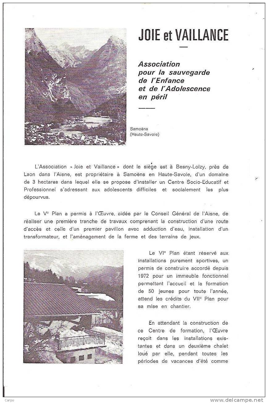 PUBLICITÉ JOIE Et VAILLANCE. Association Pour La Sauvegarde De L'enfance... (Samoens, Besny-Loisy Près Laon) - Publicités