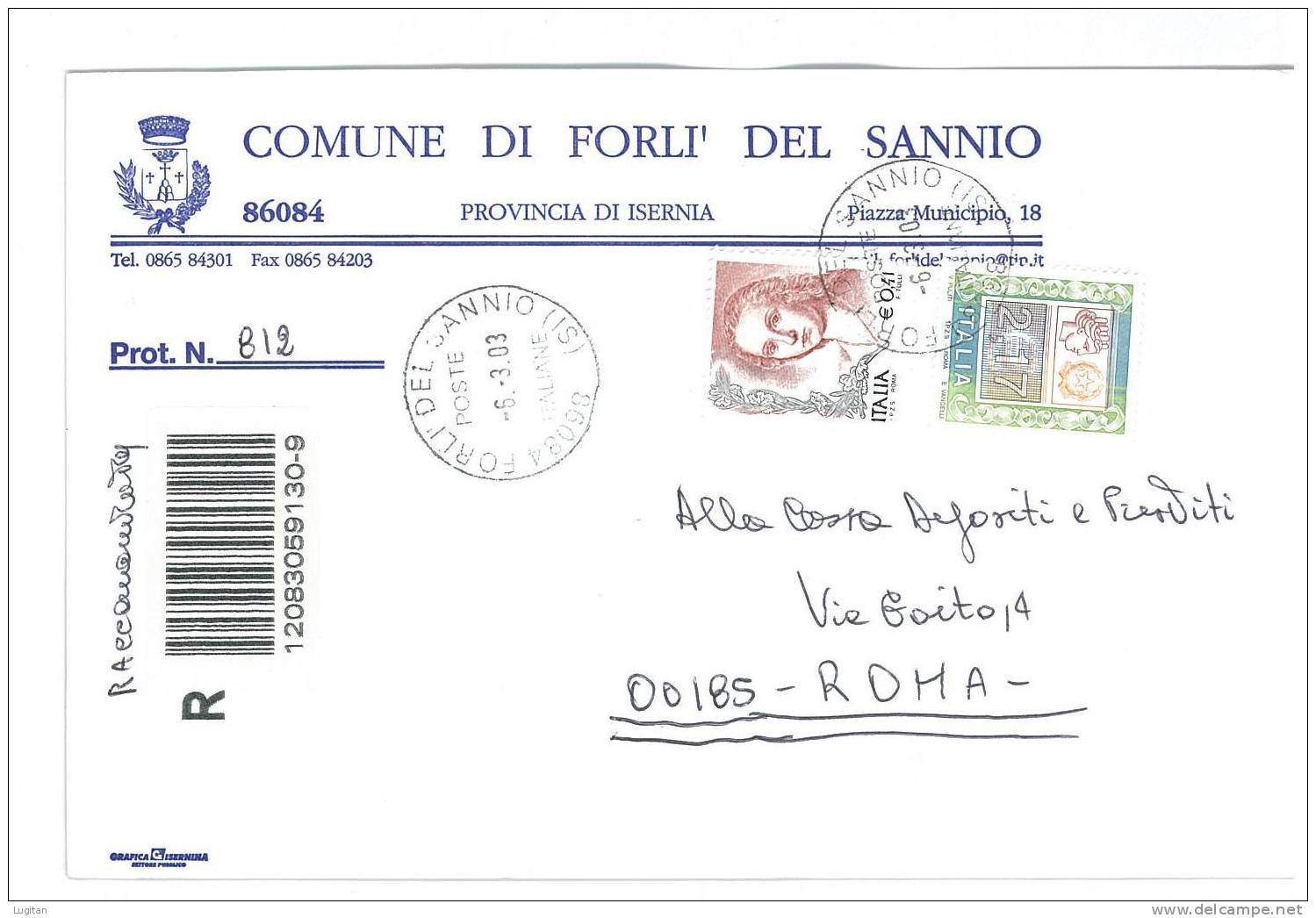 FORLI' DEL SANNIO CAP 86084  ISERNIA  - ANNO 2003  IS - R  - MOLISE -TEMATICA COMUNI D'ITALIA - STORIA POSTALE - Macchine Per Obliterare (EMA)