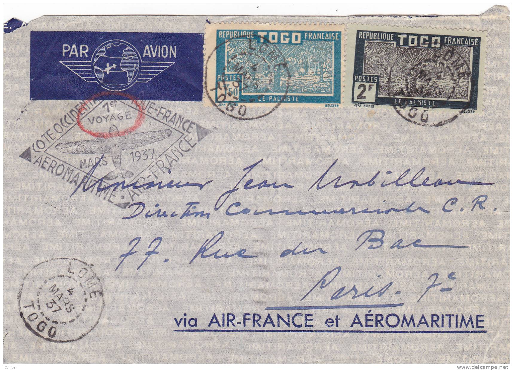 Très Belle Lettre Togo 1937, 1er Voyage Via Air France Et Aéromaritime, Lomé-Paris/d254. - Lettres & Documents