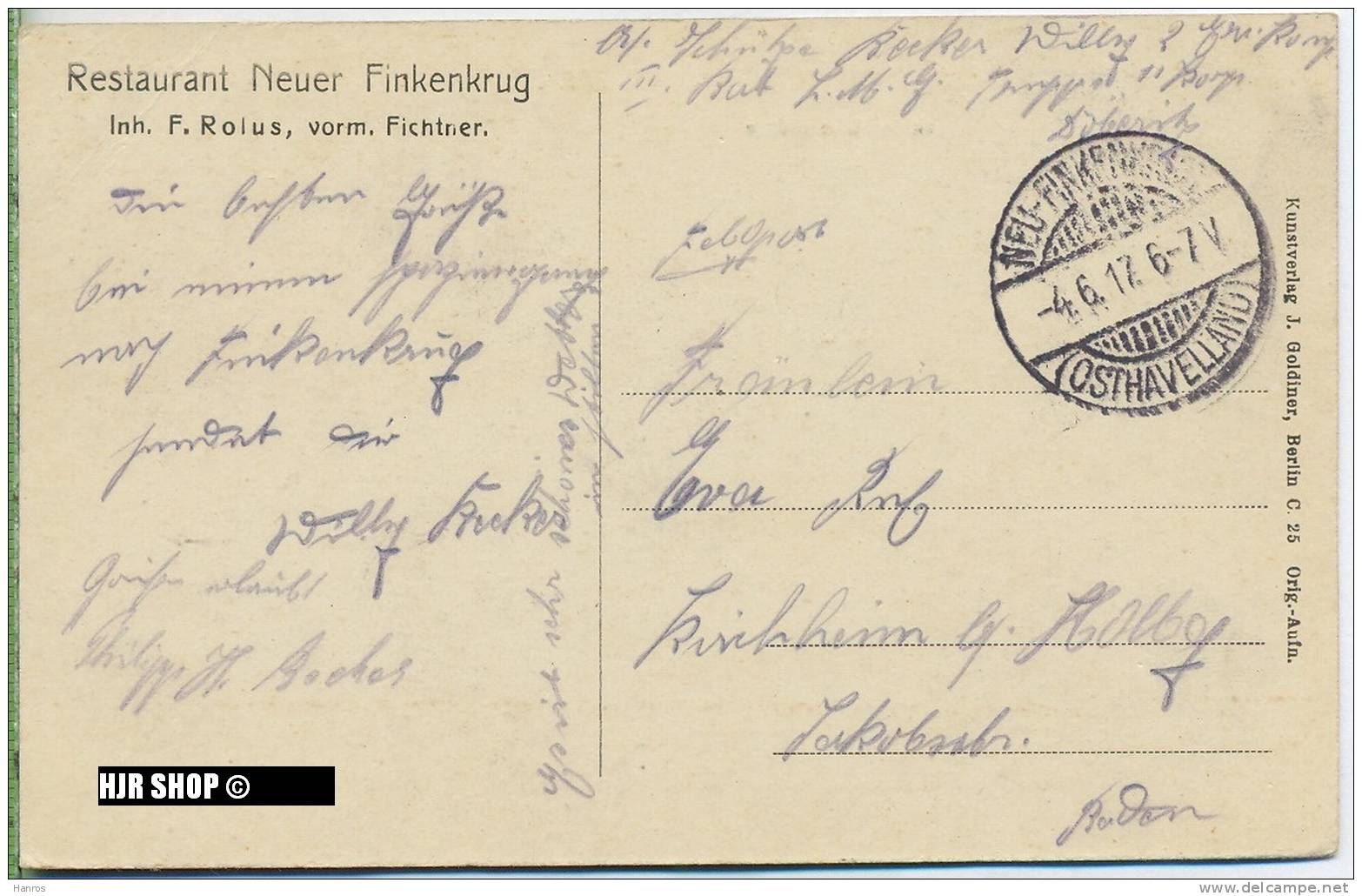 Um 1910/1920 Ansichtskarte, Feldpost  “Restaurant Neuer Finkenkrug“,  Gelaufene Karte Mit Stempel - Seelow