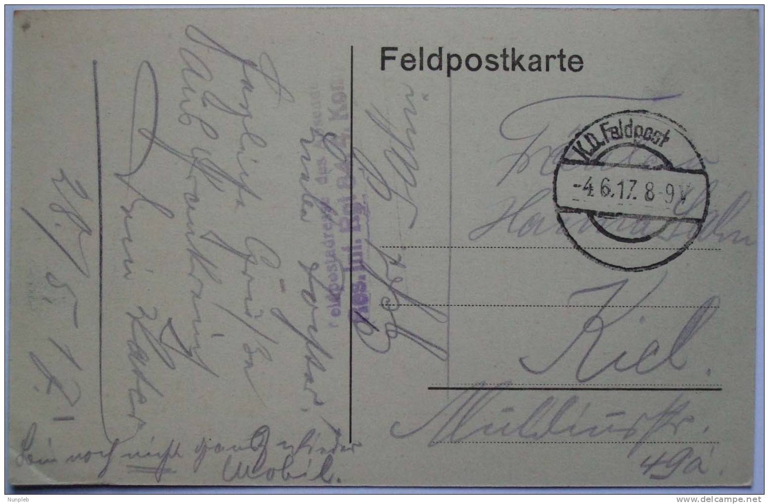 1917 DR GERMANY FELDPOST POSTCARD SIVRY TO KIEL WITH RES INF RGT 84.4 KOMP STAMP - Briefe U. Dokumente