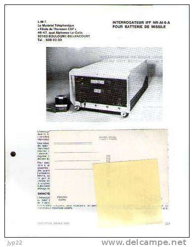 Fiche Marine Nationale Interrogateur IFF NR-AI-5-A Pour Batterie De Missile - L.M.T. Boulogne Billancourt - - Equipo