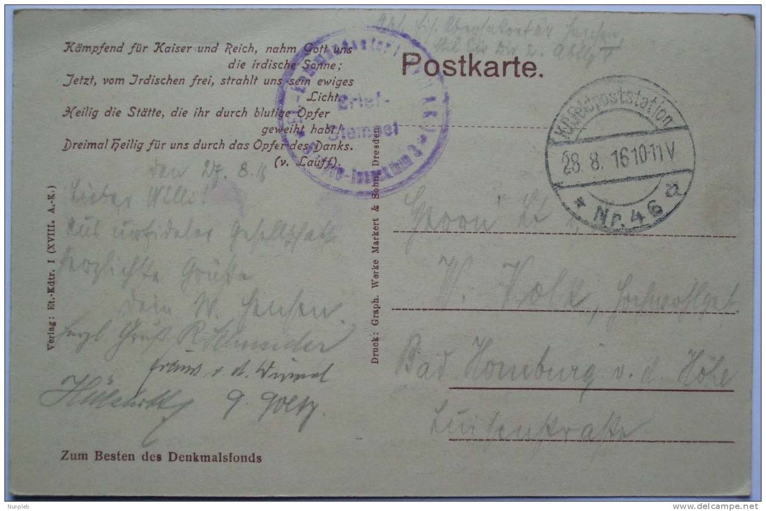 1916 DR GERMANY FELDPOST POSTCARD SEDAN TO BAD HOMBURG FELDPOSTSTATION NR. 46 - Briefe U. Dokumente