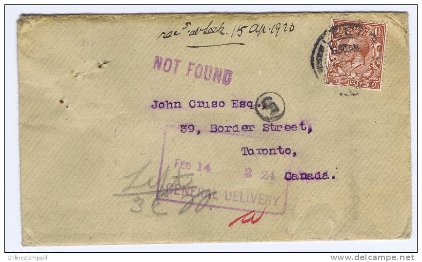 Great Britain: Cover 1920 Leeds To Toronto Canada, Cancels NOT FOUND+ Dead Letter Branch Ottawa - Marcofilie