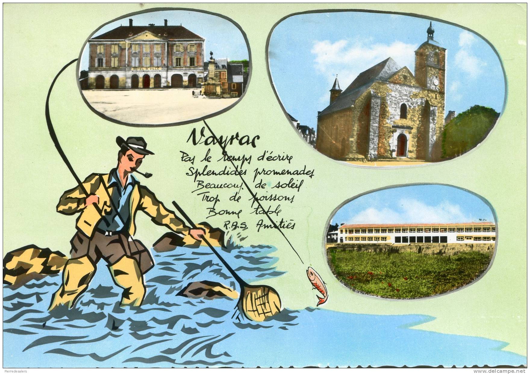 46 - VAYRAC - église - Mairie - Groupe Scolaire - Pêcheur Truites - Carte Humoristique - Lot - Vayrac