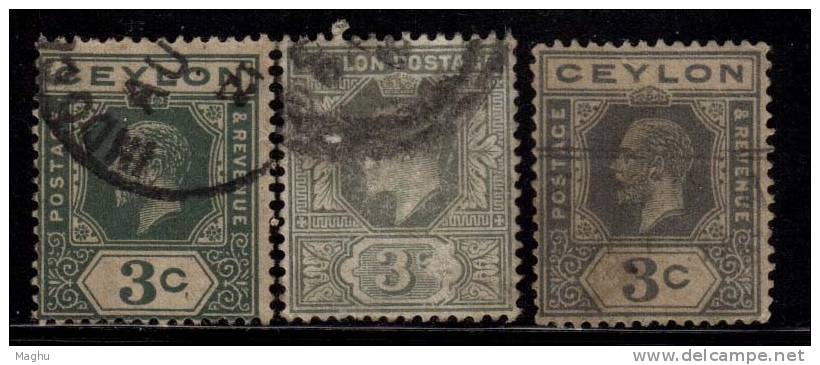 Ceylon Used, 3c X 3 Shades, KG V, - Ceylon (...-1947)