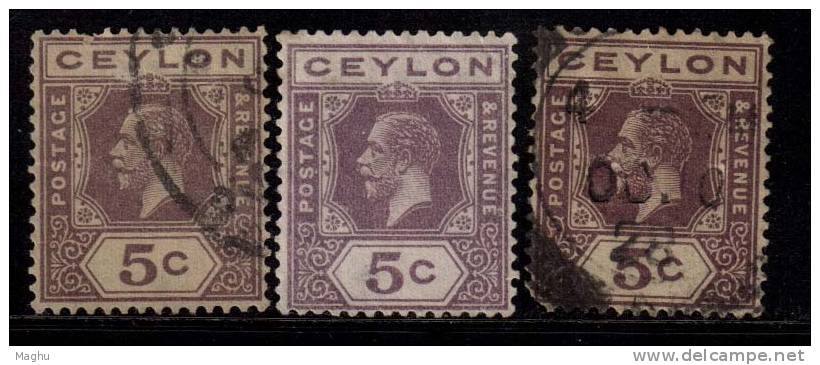 Ceylon Used, 5c X 3 Shades, KG V, 1912 - Ceylan (...-1947)