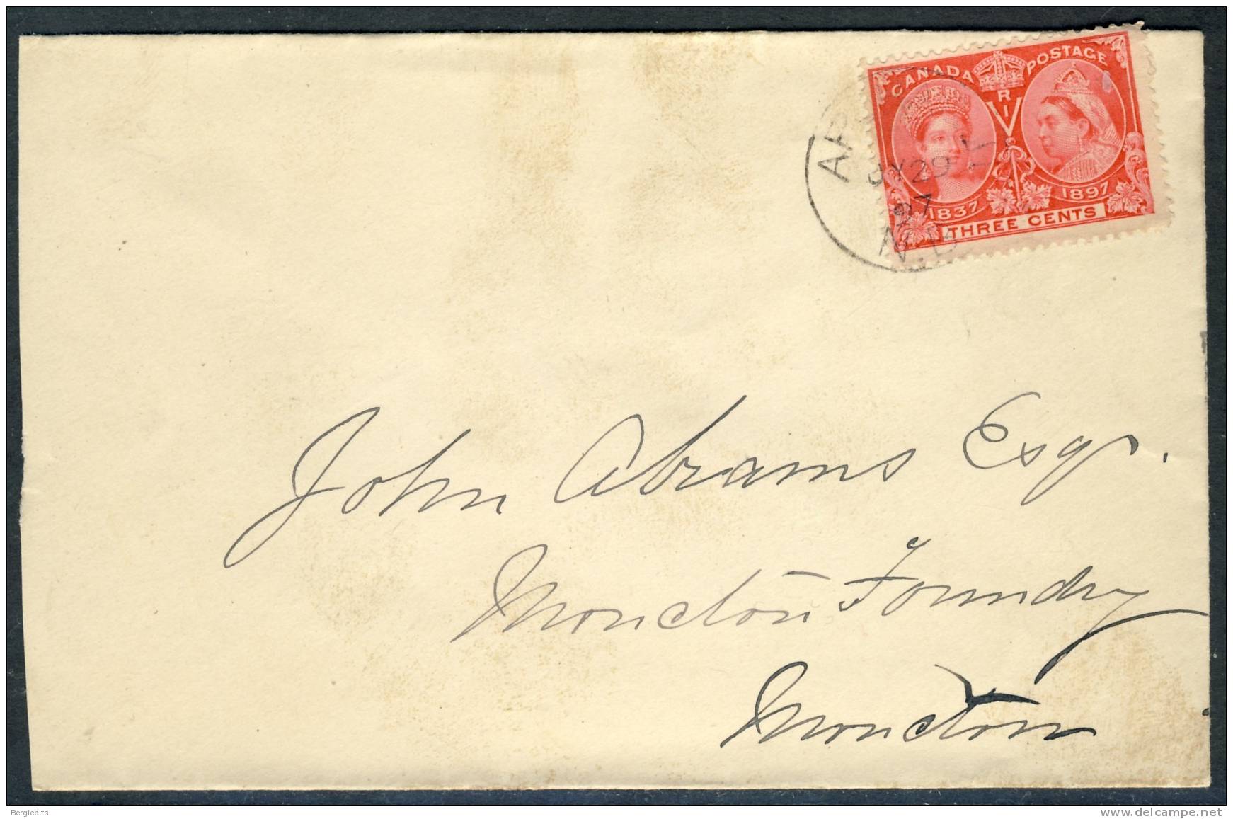 1897 Canada Jubilee Cover With CDS Plus Arrival Cancel July 29th 1897 In Moncton New Brunswick - Brieven En Documenten