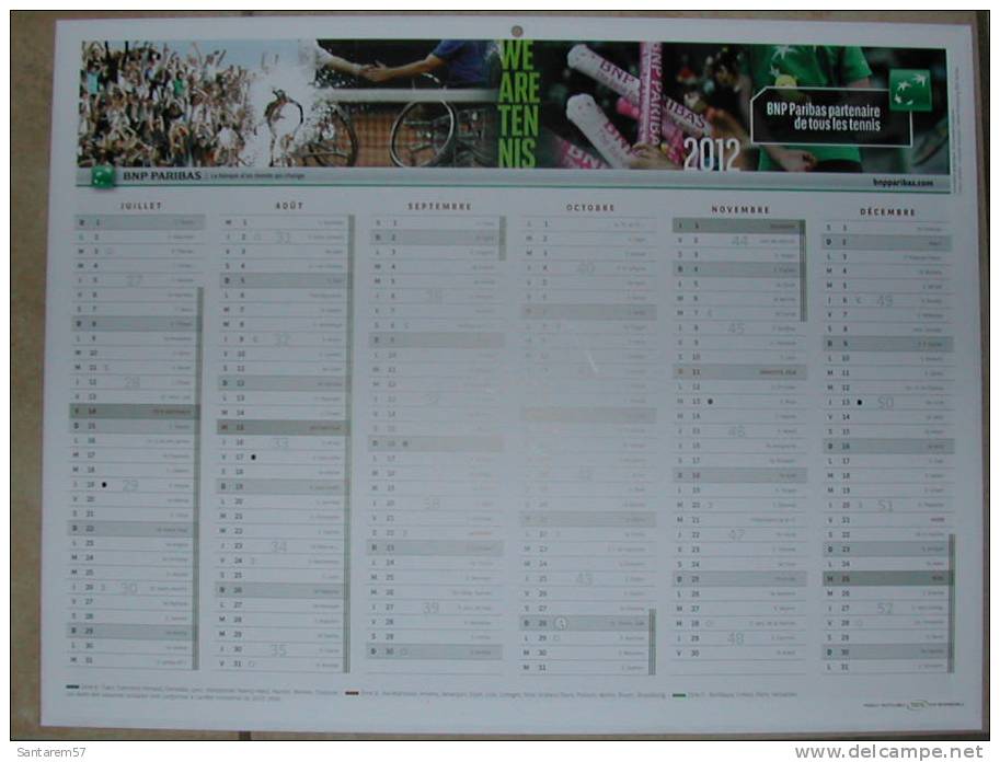 Calendrier 2012 Calendar Type BANQUE BNP PARIBAS Partenaire De Tous Les Tennis - Big : 2001-...