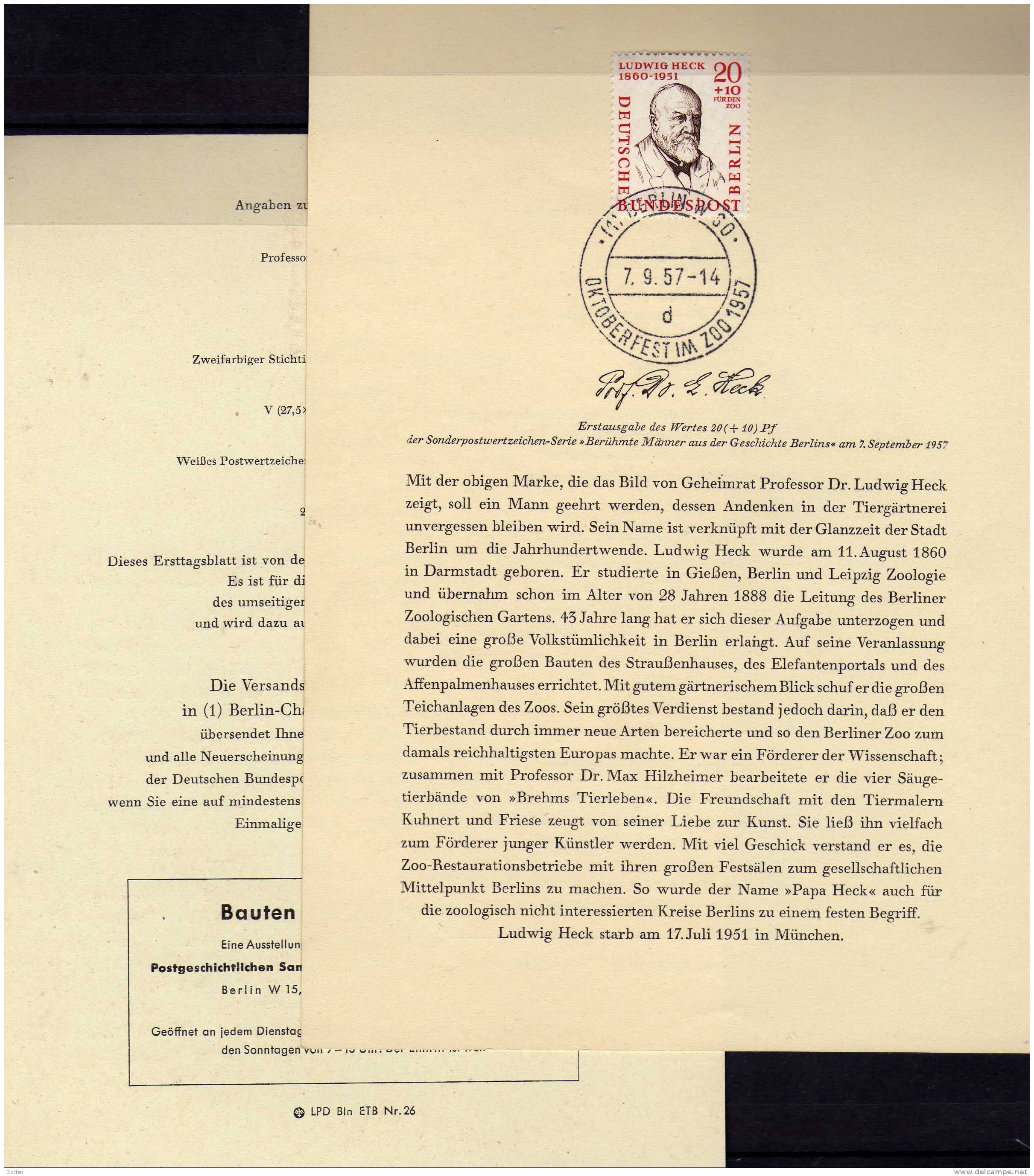 Alt-Berlin 168 Zoologe Prof. Ludwig Heck ETB 26/57 O 3€ Berühmte Berliner Männer Ersttagsblatt Document Of Germany - 1e Dag FDC (vellen)