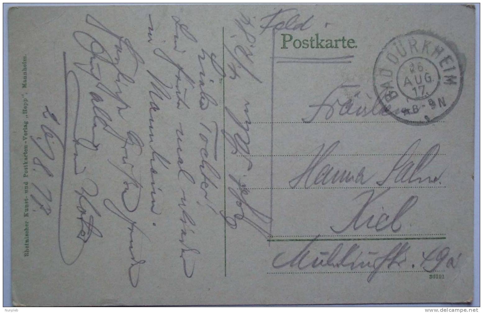 1917 DR GERMANY FELDPOST POSTCARD BAD DURHEIM TO KIEL WITH CLEAR POSTMARK - Briefe U. Dokumente