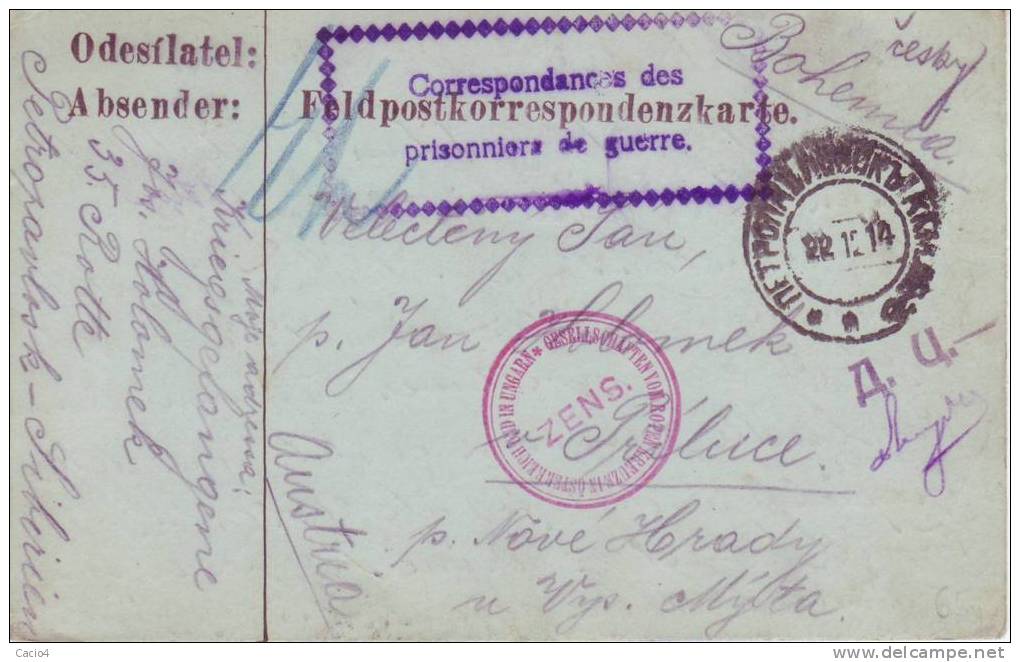 1914 22.12 WWI War Prisoner Petropavlosk Petropavlovsk Siberia To Bohemia - Lettres & Documents