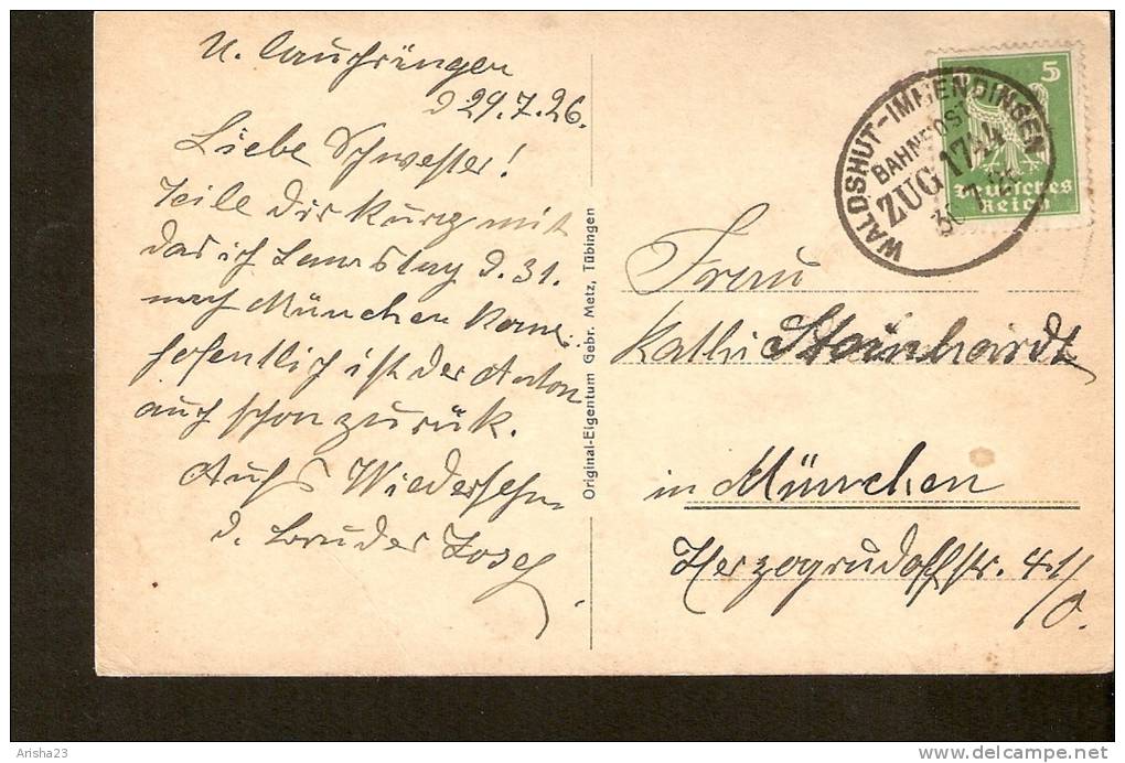 Germany, Waldshut A. Rh. ( Am Rhein ) - Passed Waldshut Immendingen Post In 1926 - Waldshut-Tiengen