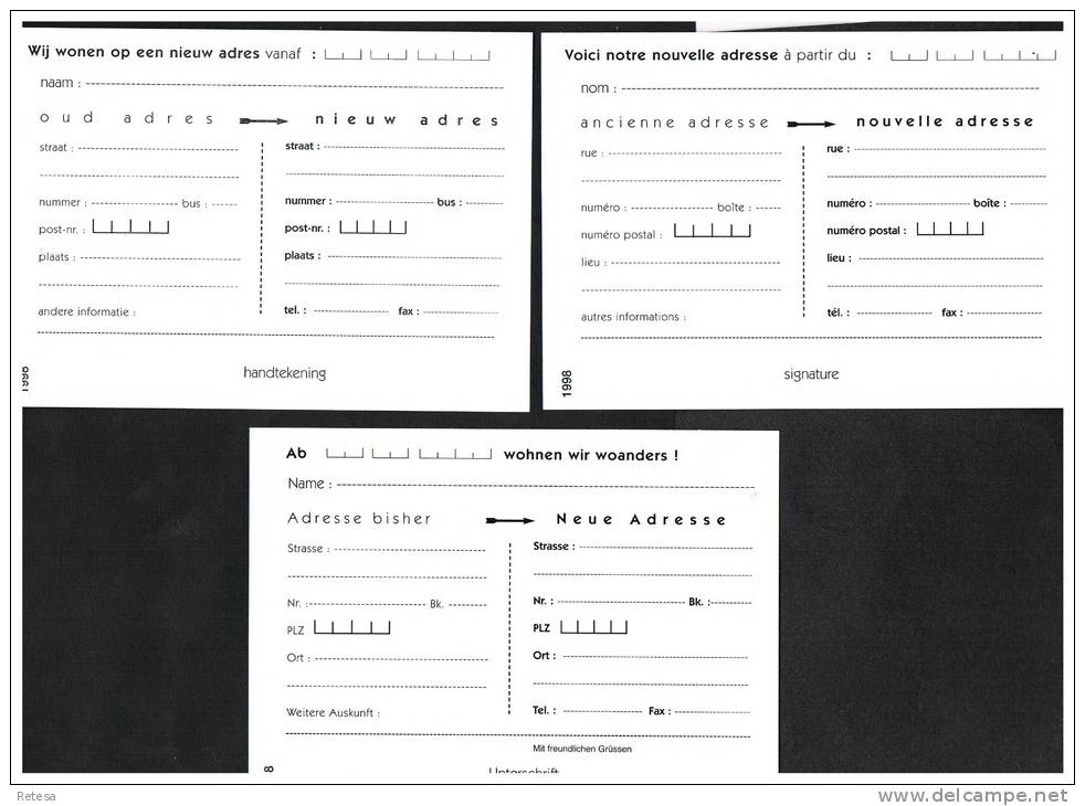 BELGIE  3 KAARTEN  BERICHT VAN ADRESVERANDERING  IN DE 3 TALEN  1998 - Avis Changement Adresse