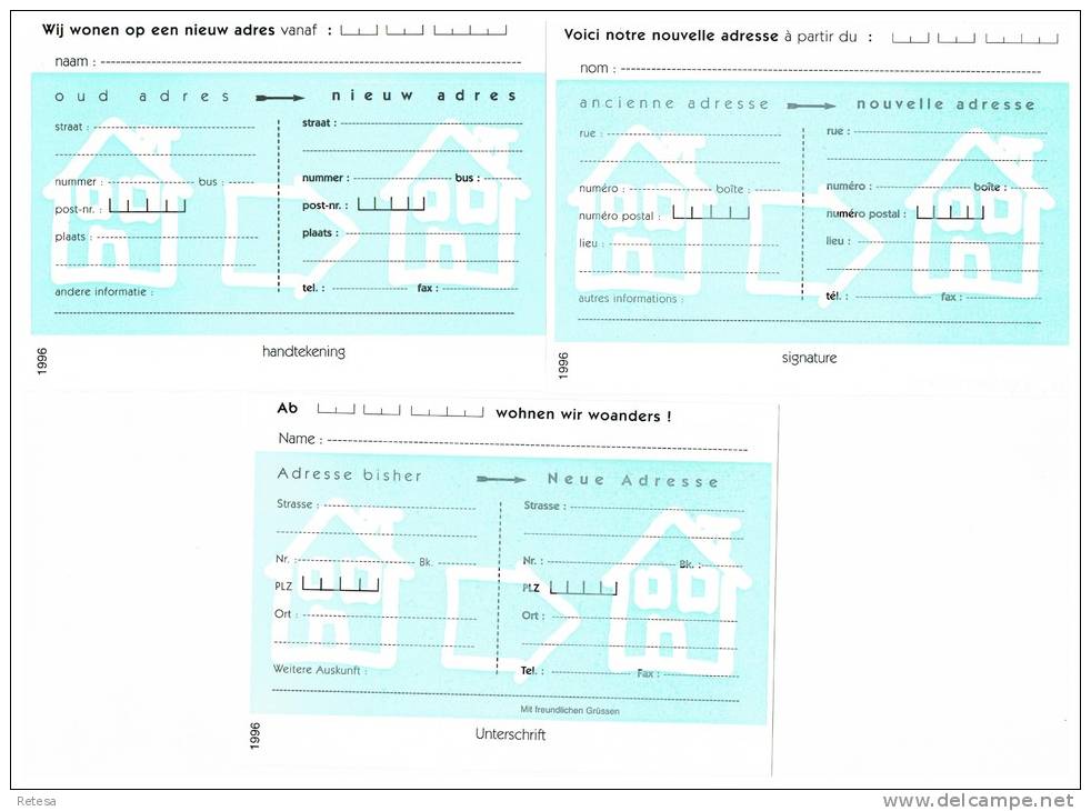 BELGIE  3 KAARTEN  BERICHT VAN ADRESVERANDERING  IN DE 3 TALEN  1996 MUTAPOST - Avis Changement Adresse