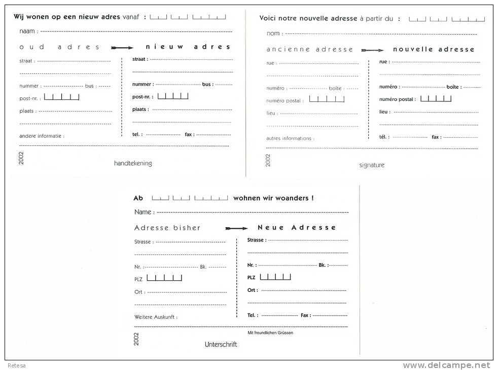 BELGIE  3 KAARTEN  BERICHT VAN ADRESVERANDERING  IN DE 3 TALEN  2002 - Adreswijziging