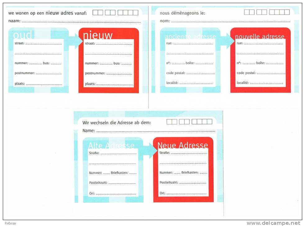 BELGIE  3 KAARTEN  BERICHT VAN ADRESVERANDERING  IN DE 3 TALEN  2003 - Avis Changement Adresse