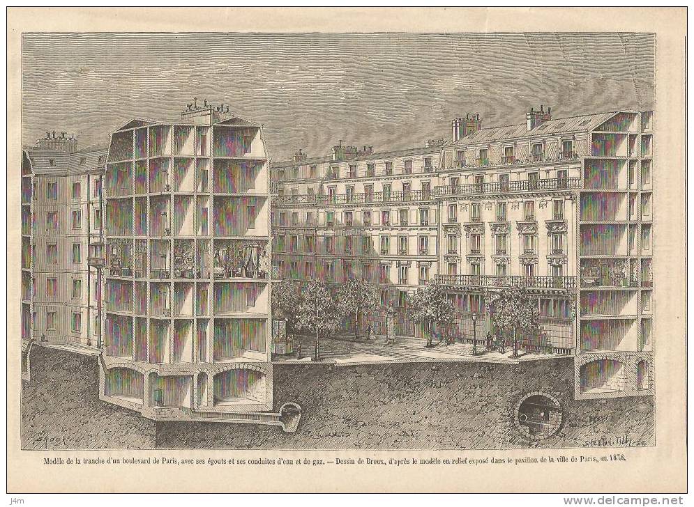 GRAVURE De 1880...Modèle De La Tranche D'un Boulevard De PARIS, Avec égouts, Conduites Eau, Gaz..Dessin De Broux - Collections