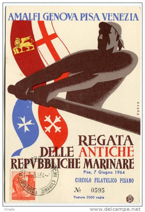 CARTOLINA FORMATO GRANDE REGATA ANTICHE REPUBBLICHE MARINARE PISA ANNO 1964 CON ANNULLO MOSTRA FILATELICA - Bourses & Salons De Collections