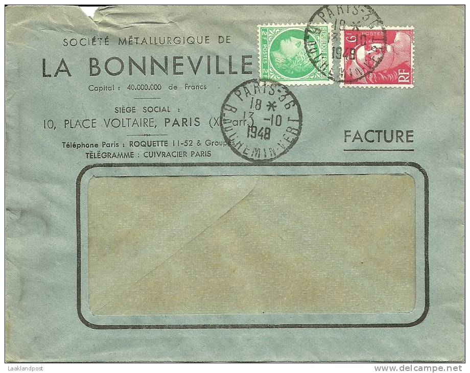 France 2 + 6 Fr Marianne De Gandon Pair Sur Lettre Societe Metallurgique LA BONNEVILLE, Paris 13-10-1948 - 1945-54 Marianne De Gandon