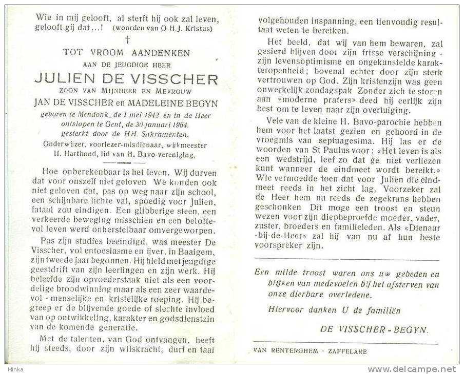 Doodsprentje (2035)  Mendonk - Gent - DE VISSCHER / BEGYN 1942 - 1964 - Images Religieuses