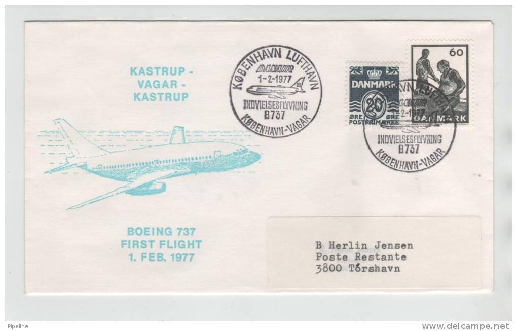 Denmark First Flight Boeing 737 Cover Kastrup - Vagur - Kastrup Copenhagen Airport 1-2-1977 - Covers & Documents