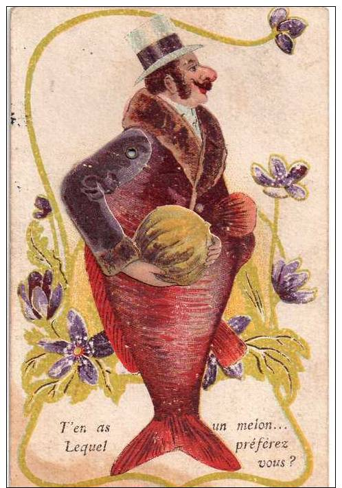 Cpa ,illustree Et A Systeme....homme Poisson Avec Bras Articule - A Systèmes