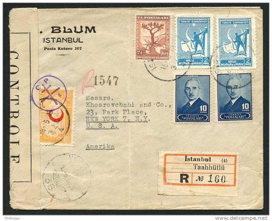 TURKEY, CENSORED ENVELOPE REGISTERED 1945 TO USA - Covers & Documents