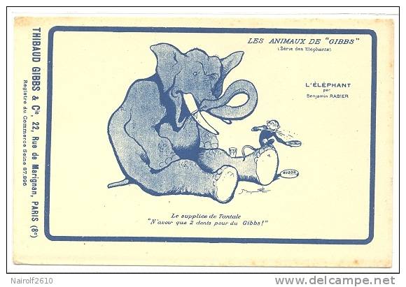 ILLUSTRATION -- CARTE PUBLICIRAIRE ANIMAUX DE GIBBS - RABIER - L ELEPHANT, Le Supplice De Tantale, N'avoir Que 2 Dents.. - Rabier, B.