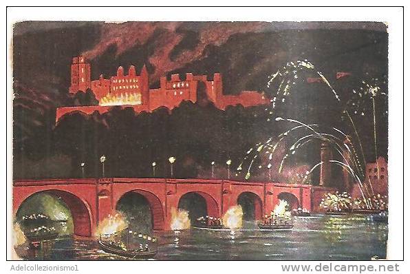 65326)cartolina Illustratoria Località Di Heidelberg - Panorama Aereo Di Notte Con Botti - Karlsruhe