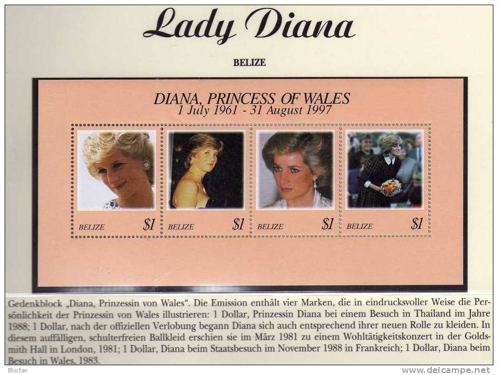 Ehrung Von Diana 1997 Belize Block 99 ** 6€ Memorial Porträt Lady Di With Flower Princess Of Wales Bloc Of America - Belize (1973-...)