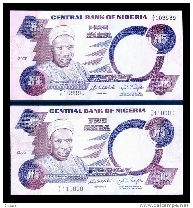 Nigeria 5 Naira 2005 Banknotes 2 Consecutive Serial # 109999-110000 UNC - Nigeria