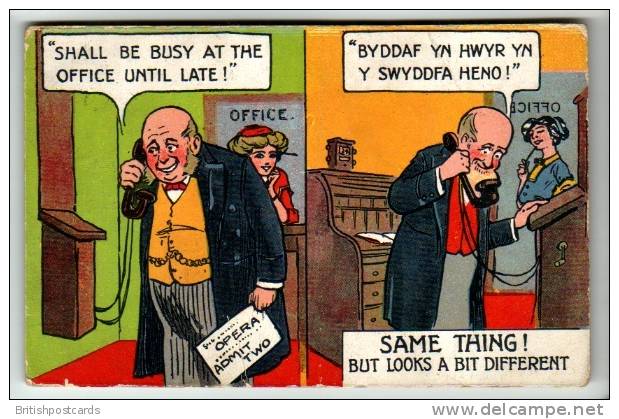 Comic - Shall Be Busy At The Office Until Late! - English Welsh - Postcard 1916 - Humour