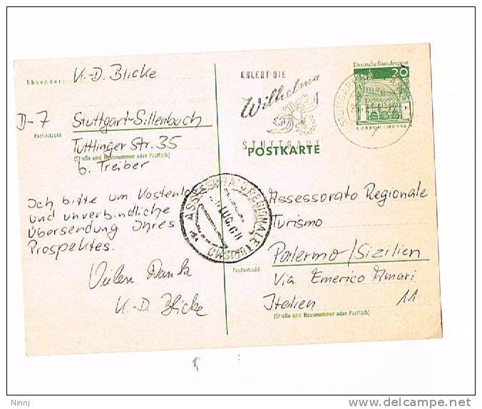 Germania Postkarte 25.7.68 Stuttgart/Palermo - Lettres & Documents