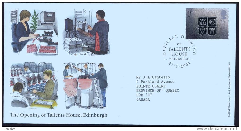 2001  Official Opening Of Tallents House, Edinburgh Commemorative Cover To Canada - Cartas & Documentos