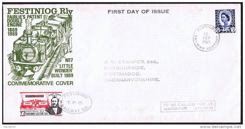 1969 FESTINIOG Railway Stamp FDC  Fairlie Patent Locomotive - Local Issues