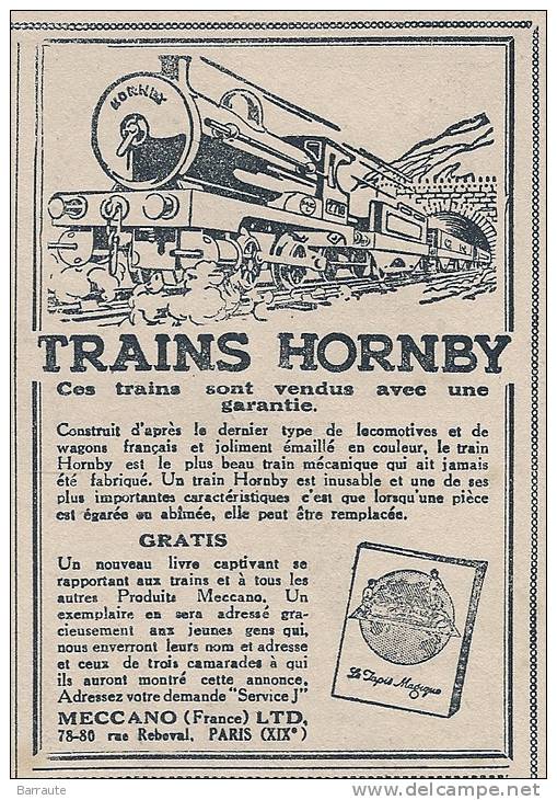 Pub  De 1925 " TRAINS HORNBY " MECCANO France . - Publicités