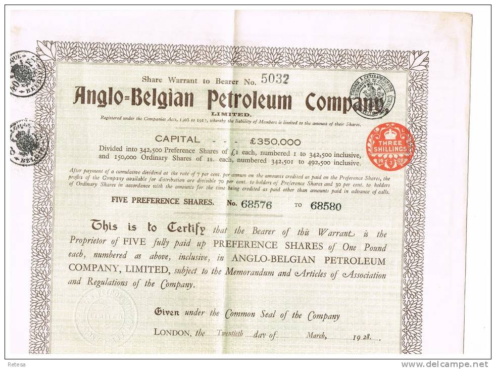 ANGLO = BELGIAN  PETROLEUM COMPANY  FIVE PREFERENCE SHARES 1928  MET DE 15 COUPONS ER NOG AAN - M - O