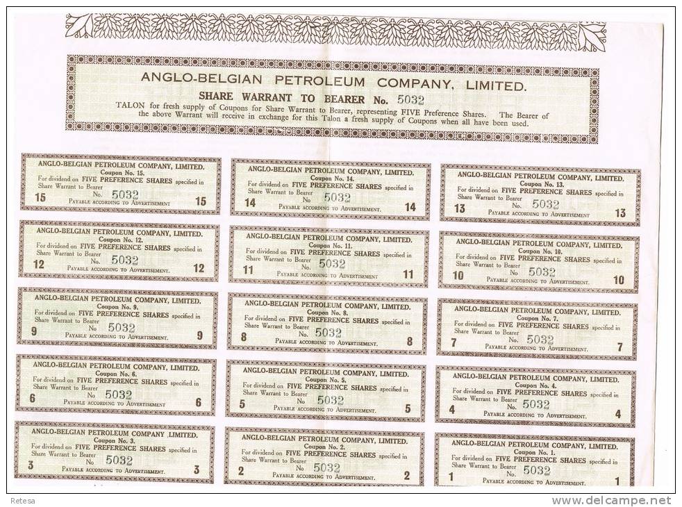 ANGLO = BELGIAN  PETROLEUM COMPANY  FIVE PREFERENCE SHARES 1928  MET DE 15 COUPONS ER NOG AAN - M - O