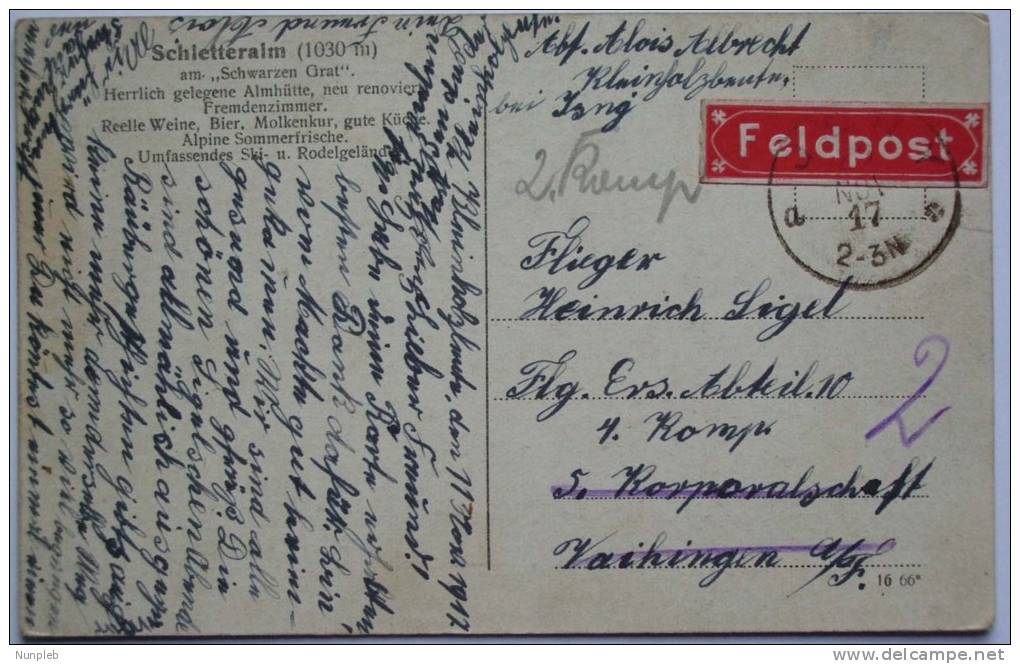 1917 GERMANY POSTCARD FELDPOST ISNY TO VAIHINGEN WITH PICTURE OF SCHLETTERALM - Briefe U. Dokumente