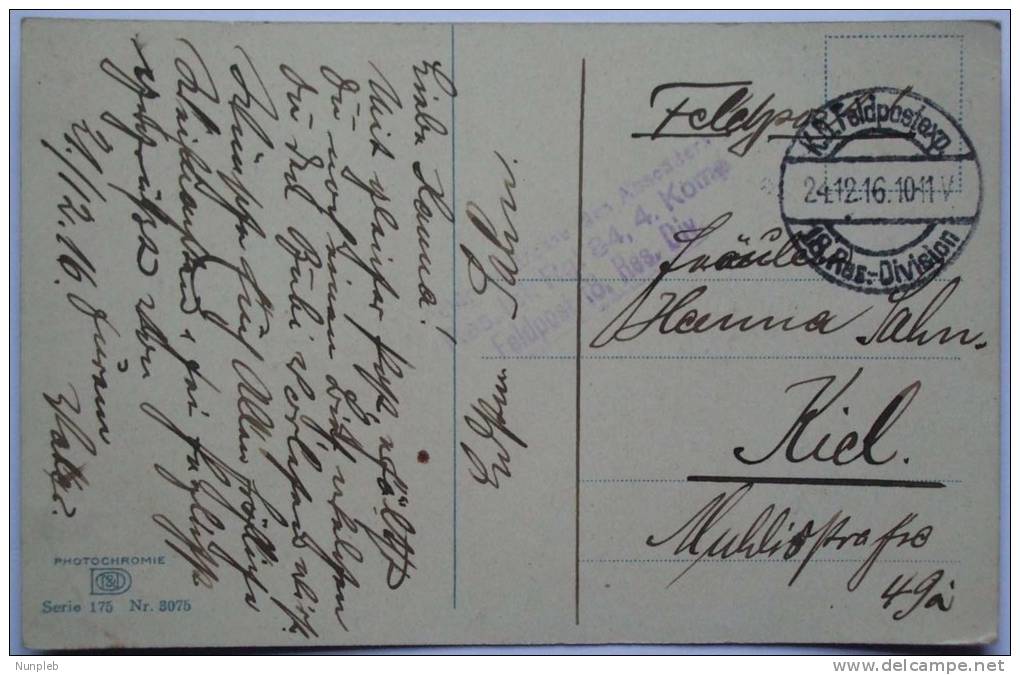 1916 GERMANY POSTCARD FELDPOST ZEELAND NETHERLANDS TO KIEL WITH RES. INT. RGT. 84,4 KOMP MARK - Briefe U. Dokumente