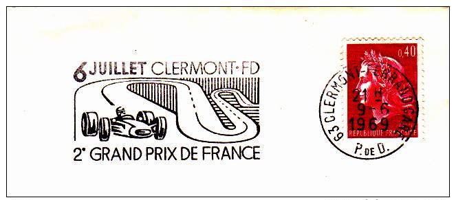 FLAMME SUR  ENVELOPPE ENTIERE 63 CLERMOND FERRAND 1969 GRAND PRIX DE FRANCE CIRCUIT ET VOITURE DE COURSE - 1961-....