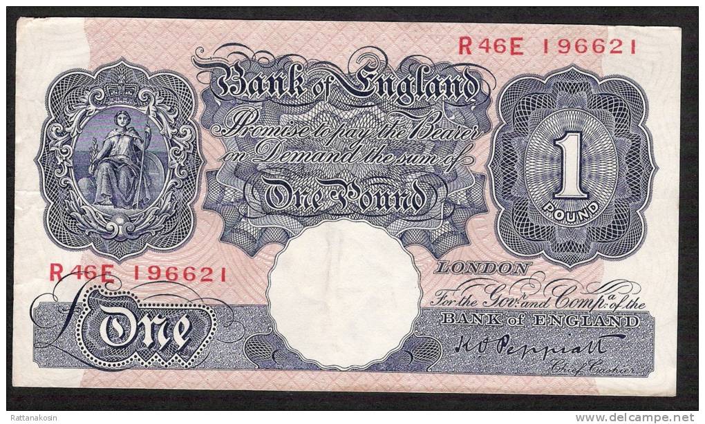 GREAT BRITAIN  P367a 1 POUND  1940 #R46E Signature PEPPIATT     VF  2 P.h. - 1 Pond