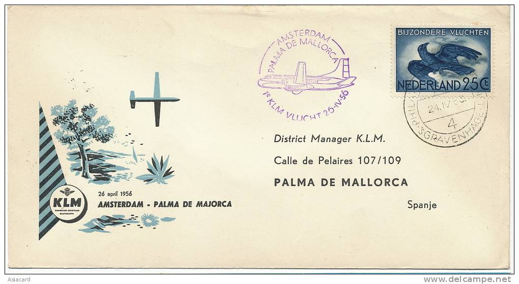 Sobre Primer Dia Vuelo KLM Amsterdam Palma 26 De Abril 1956 Premier Jour Vol - Avions