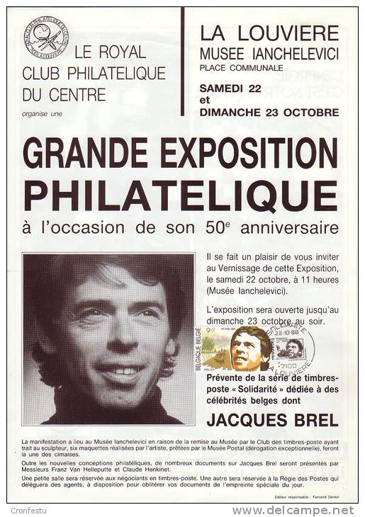 Brel Oblitération Du 22 Octobre 1988 Du Royal Club Philatélique De La Louvière FDC - Chanteurs